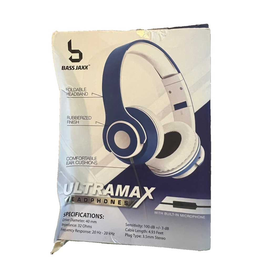 Bass Jaxx Ultramax Wired Over-Ear Headphones w/ Microphone Blue‎ & White - Picture 2 of 4